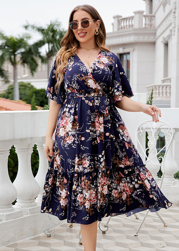 Bohemian Navy Print Patchwork Chiffon Maxi A Line Dress Short Sleeve