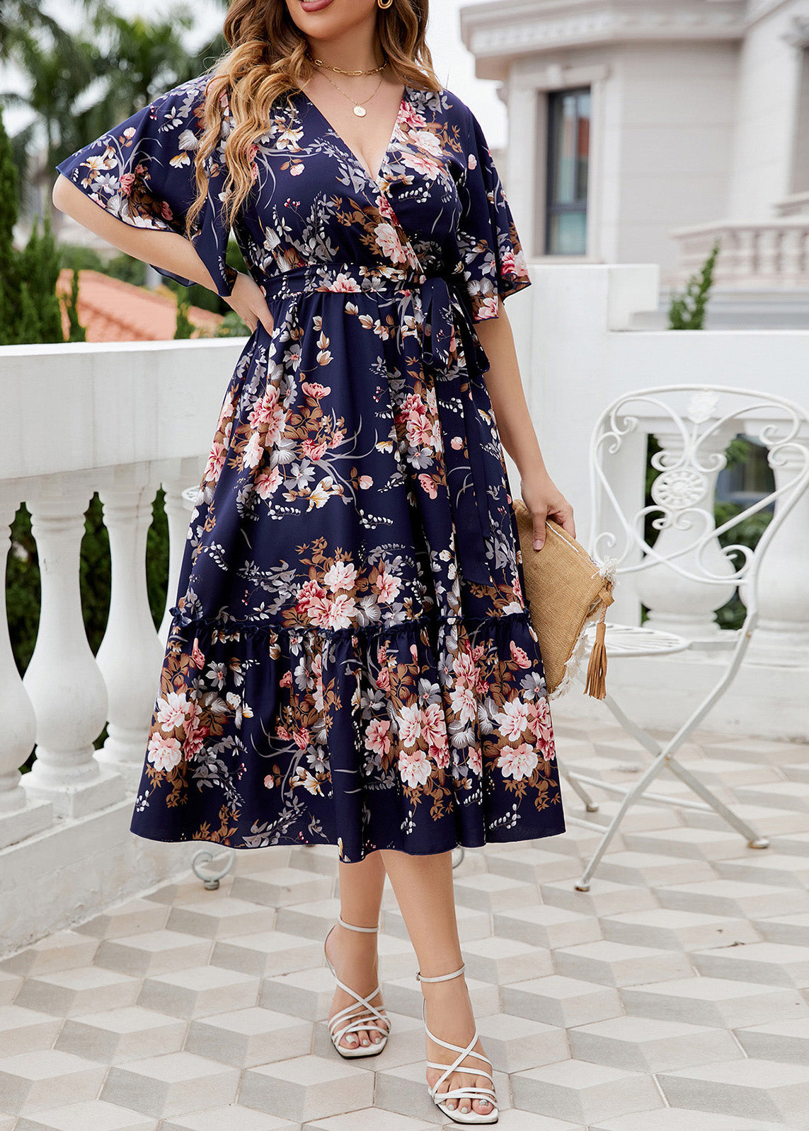 Bohemian Navy Print Patchwork Chiffon Maxi A Line Dress Short Sleeve