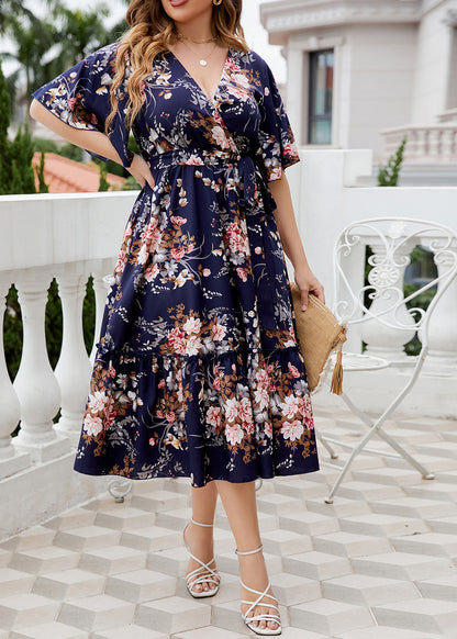 Bohemian Navy Print Patchwork Chiffon Maxi A Line Dress Short Sleeve