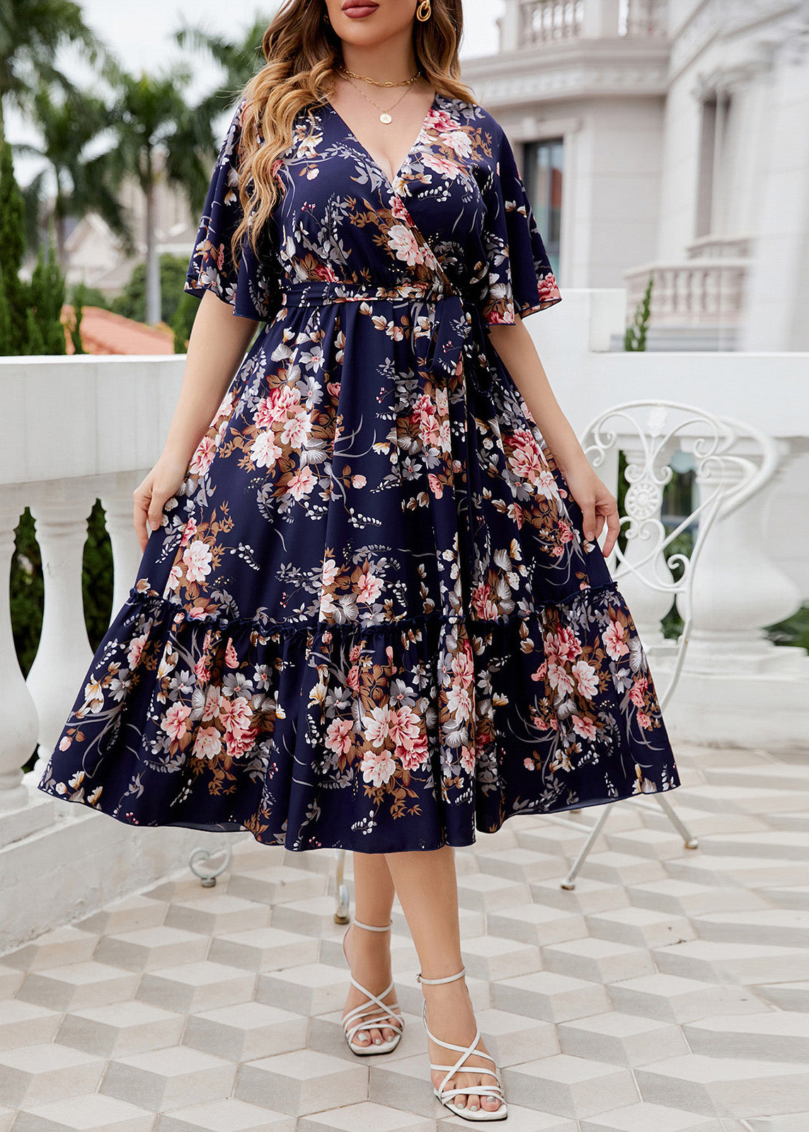 Bohemian Navy Print Patchwork Chiffon Maxi A Line Dress Short Sleeve