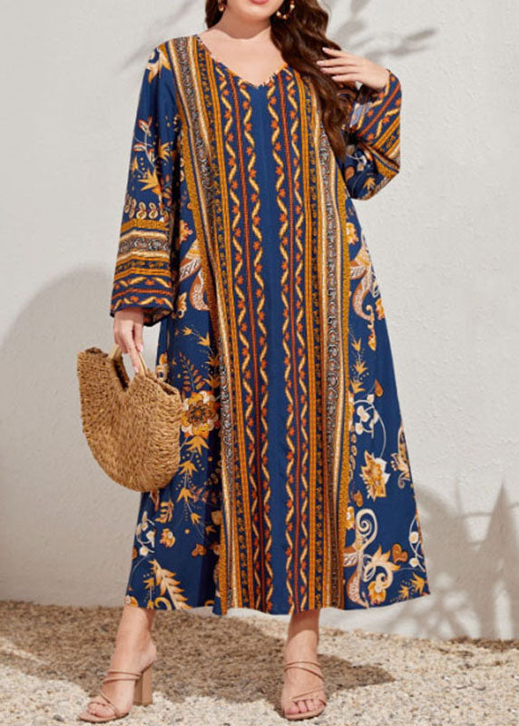 Bohemian Navy V Neck Print Patchwork Cotton Long Dresses Fall