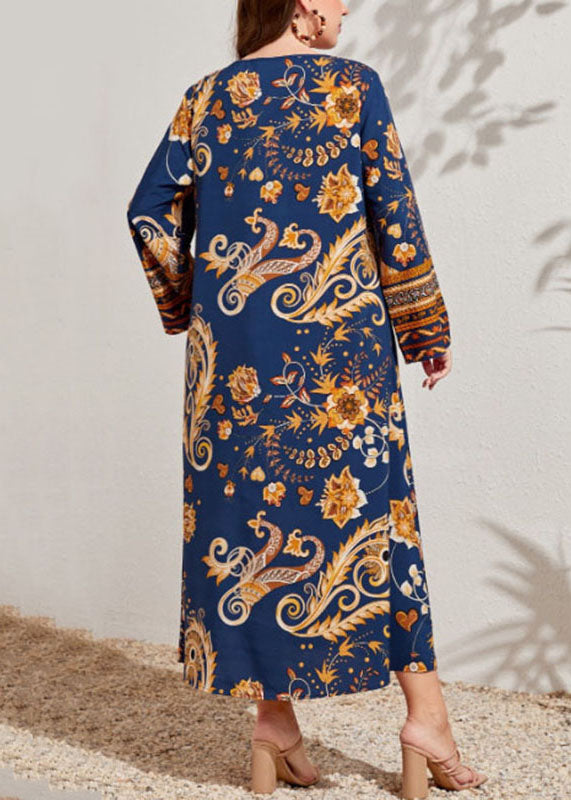 Bohemian Navy V Neck Print Patchwork Cotton Long Dresses Fall