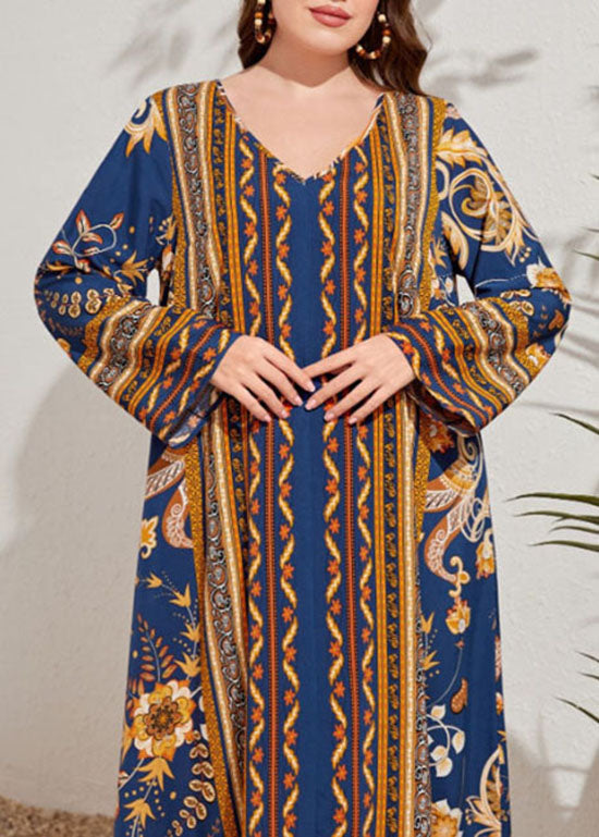 Bohemian Navy V Neck Print Patchwork Cotton Long Dresses Fall
