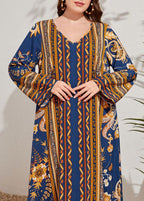 Bohemian Navy V Neck Print Patchwork Cotton Long Dresses Fall