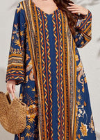 Bohemian Navy V Neck Print Patchwork Cotton Long Dresses Fall
