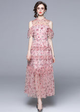 Load image into Gallery viewer, Bohemian Pink Cold Shoulder Print Ruffled Chiffon Long Dresses Summer