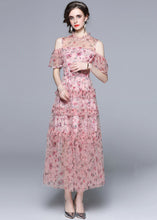 Load image into Gallery viewer, Bohemian Pink Cold Shoulder Print Ruffled Chiffon Long Dresses Summer