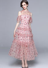 Load image into Gallery viewer, Bohemian Pink Cold Shoulder Print Ruffled Chiffon Long Dresses Summer