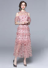 Load image into Gallery viewer, Bohemian Pink Cold Shoulder Print Ruffled Chiffon Long Dresses Summer