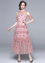 Load image into Gallery viewer, Bohemian Pink Cold Shoulder Print Ruffled Chiffon Long Dresses Summer