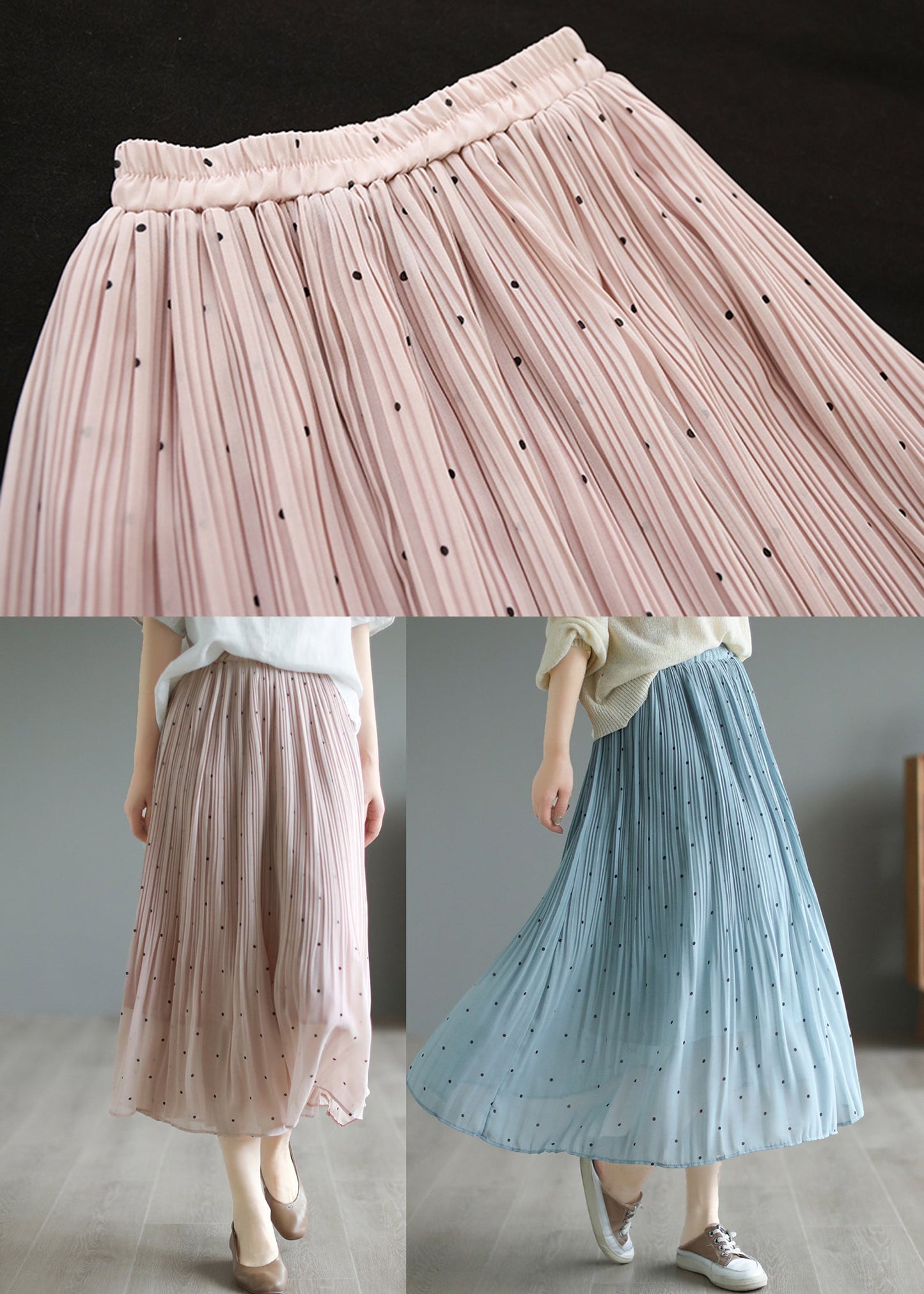 Bohemian Pink Elastic Waist Dot Print Chiffon Skirts Summer