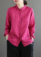 Bohemian Pink Loose Casual Button Summer Linen Long Sleeve Blouse Top