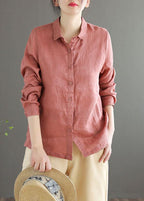 Bohemian Pink Loose Casual Button Summer Linen Long Sleeve Blouse Top