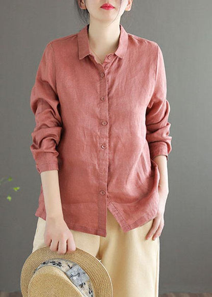 Bohemian Pink Loose Casual Button Summer Linen Long Sleeve Blouse Top