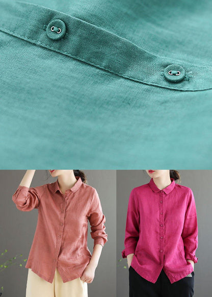 Bohemian Pink Loose Casual Button Summer Linen Long Sleeve Blouse Top