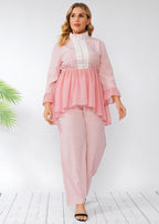 Bohemian Pink Wrinkled Lace Patchwork Chiffon Two Pieces Set Fall