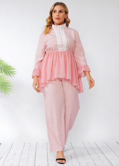 Bohemian Pink Wrinkled Lace Patchwork Chiffon Two Pieces Set Fall