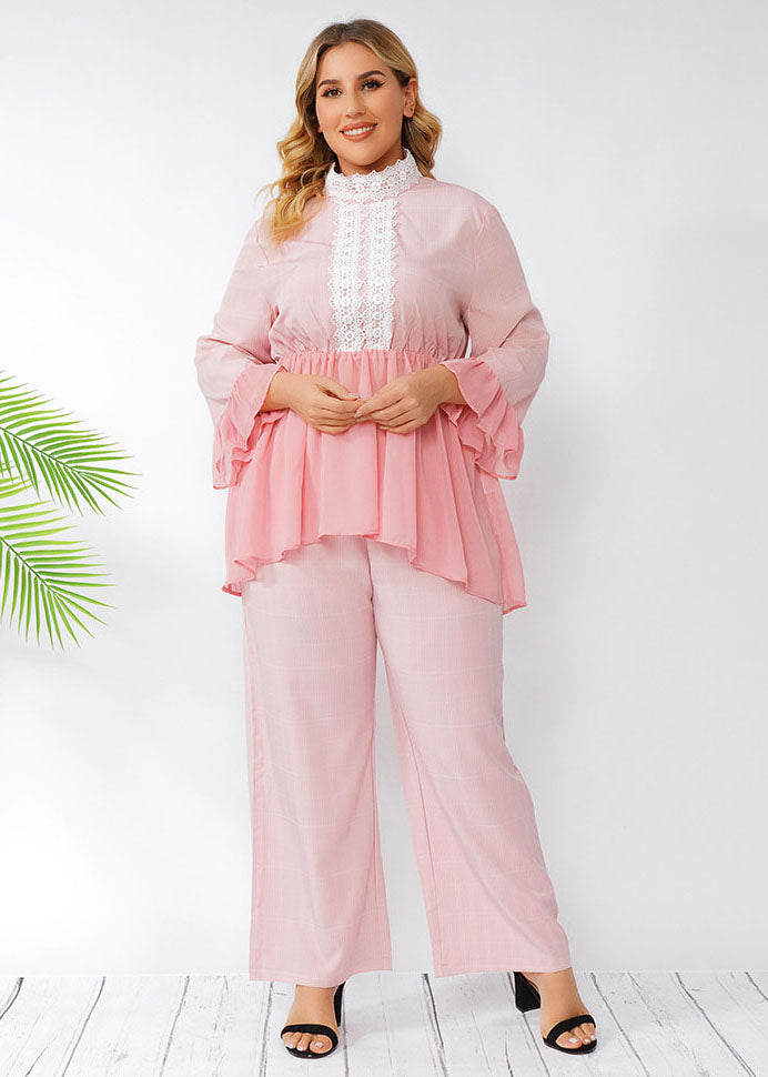 Bohemian Pink Wrinkled Lace Patchwork Chiffon Two Pieces Set Fall