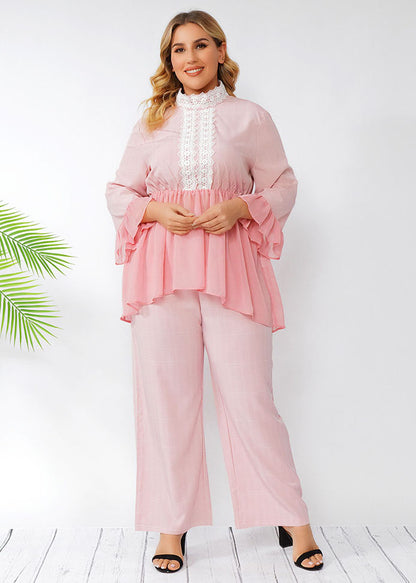 Bohemian Pink Wrinkled Lace Patchwork Chiffon Two Pieces Set Fall