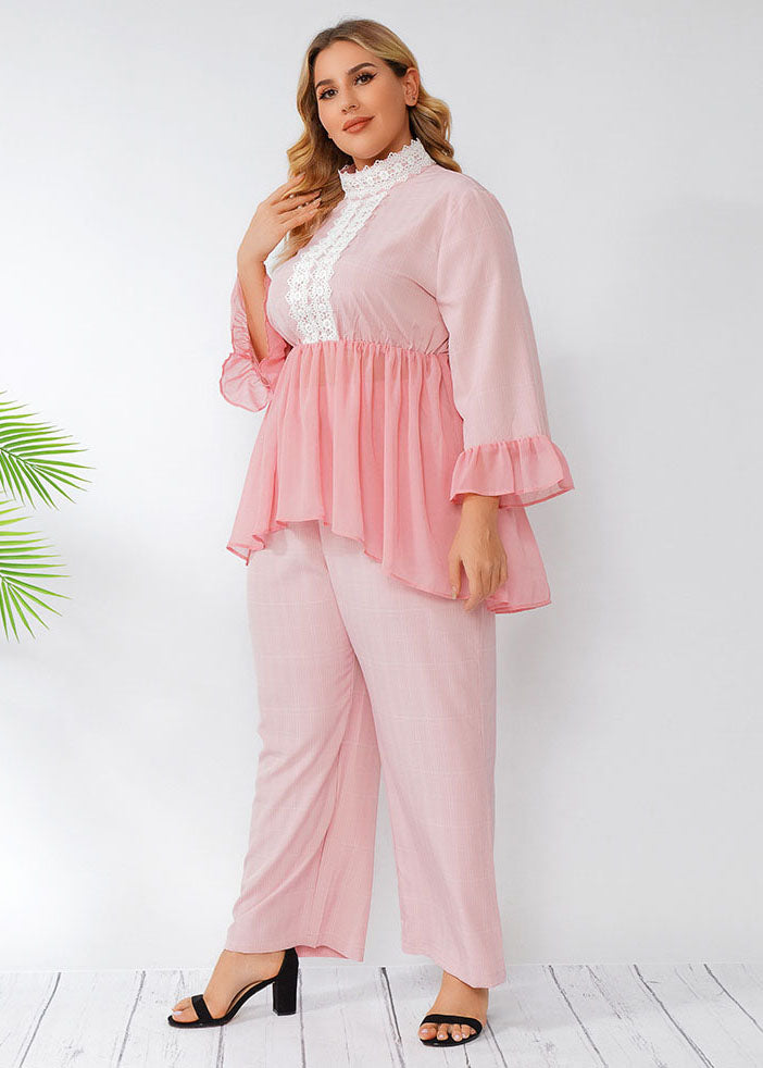 Bohemian Pink Wrinkled Lace Patchwork Chiffon Two Pieces Set Fall