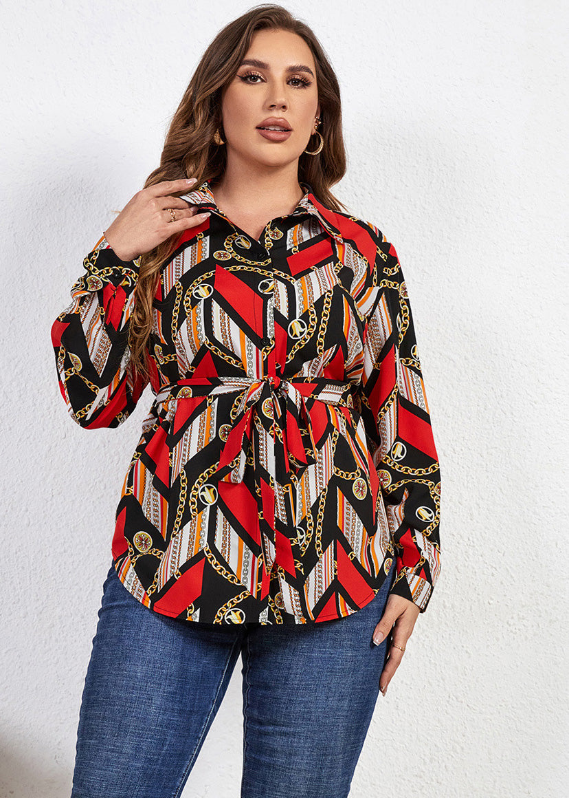 Bohemian Print Tie Waist Chiffon Shirts Long Sleeve