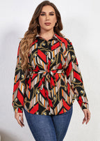 Bohemian Print Tie Waist Chiffon Shirts Long Sleeve