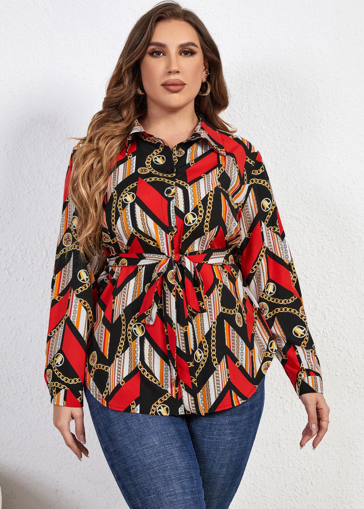 Bohemian Print Tie Waist Chiffon Shirts Long Sleeve