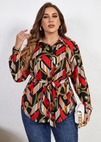 Bohemian Print Tie Waist Chiffon Shirts Long Sleeve
