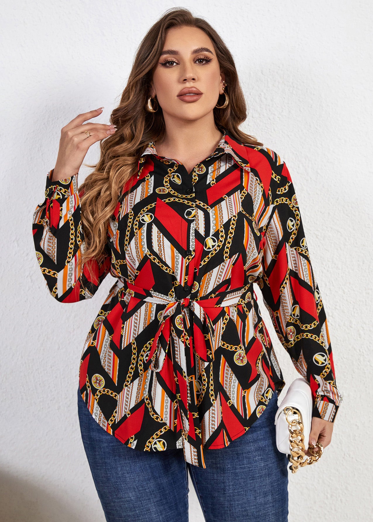 Bohemian Print Tie Waist Chiffon Shirts Long Sleeve