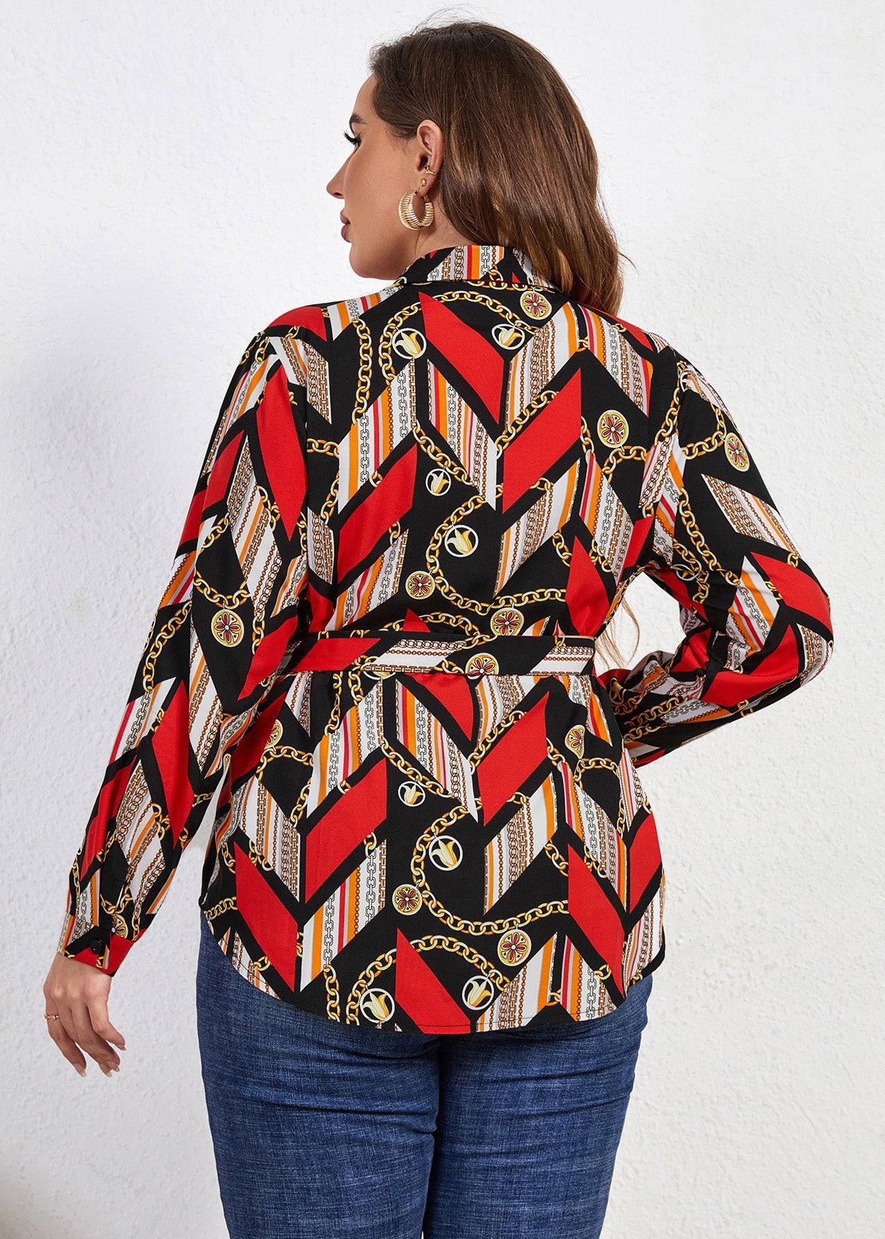 Bohemian Print Tie Waist Chiffon Shirts Long Sleeve