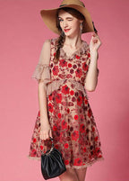 Bohemian Red Embroideried Patchwork Tulle Vacation Dress Short Sleeve