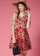 Load image into Gallery viewer, Bohemian Red Embroideried Patchwork Tulle Vacation Dress Short Sleeve