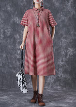 Load image into Gallery viewer, Bohemian Red Peter Pan Collar Plaid Linen Maxi Dress Summer