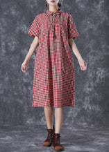 Load image into Gallery viewer, Bohemian Red Peter Pan Collar Plaid Linen Maxi Dress Summer