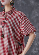 Load image into Gallery viewer, Bohemian Red Peter Pan Collar Plaid Linen Maxi Dress Summer