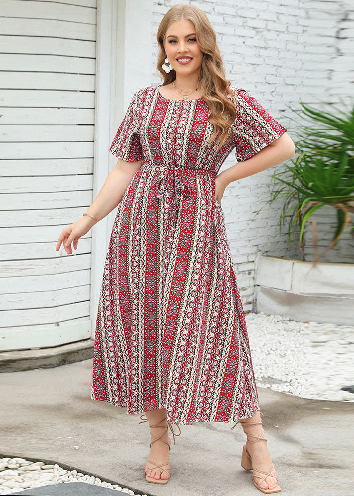 Bohemian Red Print Tie Waist Patchwork Chiffon Long Dresses Summer