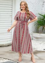 Bohemian Red Print Tie Waist Patchwork Chiffon Long Dresses Summer