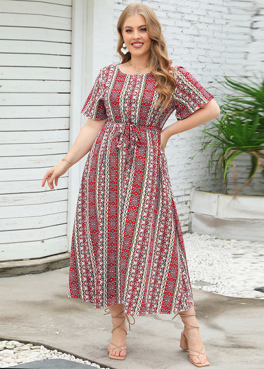 Bohemian Red Print Tie Waist Patchwork Chiffon Long Dresses Summer