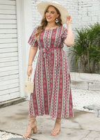 Bohemian Red Print Tie Waist Patchwork Chiffon Long Dresses Summer