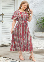 Bohemian Red Print Tie Waist Patchwork Chiffon Long Dresses Summer