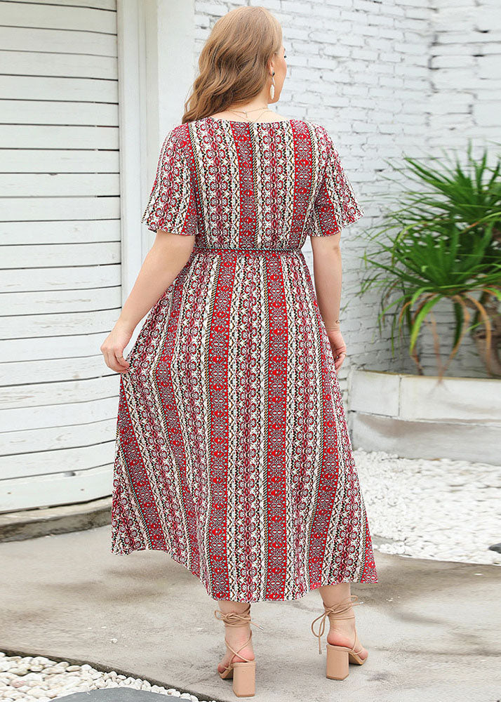 Bohemian Red Print Tie Waist Patchwork Chiffon Long Dresses Summer