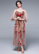 Load image into Gallery viewer, Bohemian Red V Neck Embroideried Patchwork Tulle Dress Lantern Sleeve
