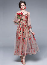 Load image into Gallery viewer, Bohemian Red V Neck Embroideried Patchwork Tulle Dress Lantern Sleeve