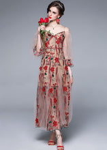 Load image into Gallery viewer, Bohemian Red V Neck Embroideried Patchwork Tulle Dress Lantern Sleeve