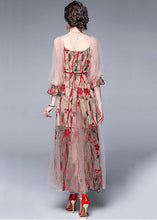 Load image into Gallery viewer, Bohemian Red V Neck Embroideried Patchwork Tulle Dress Lantern Sleeve