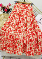 Bohemian Red Wrinkled Patchwork Print Cotton Skirt Summer