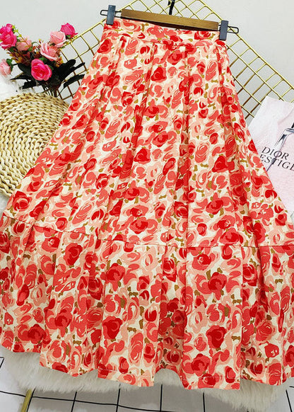 Bohemian Red Wrinkled Patchwork Print Cotton Skirt Summer