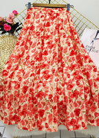 Bohemian Red Wrinkled Patchwork Print Cotton Skirt Summer