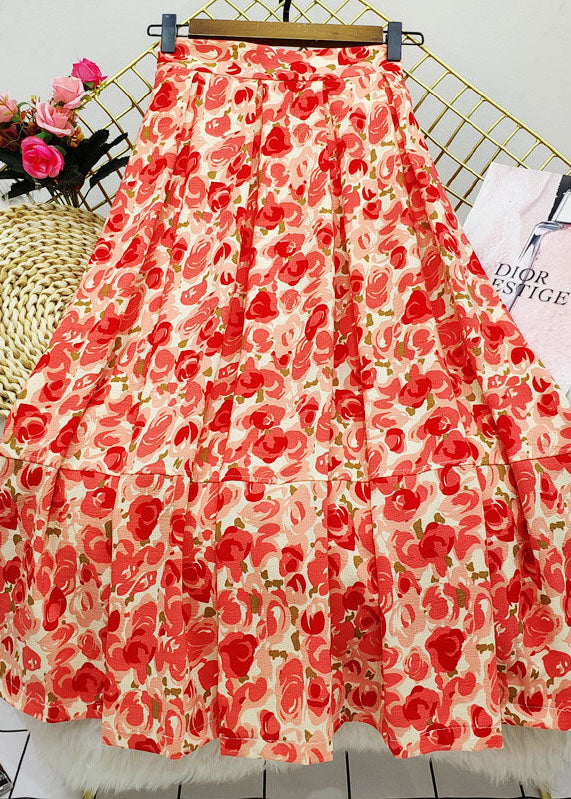 Bohemian Red Wrinkled Patchwork Print Cotton Skirt Summer