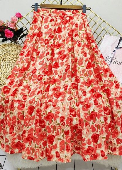 Bohemian Red Wrinkled Patchwork Print Cotton Skirt Summer